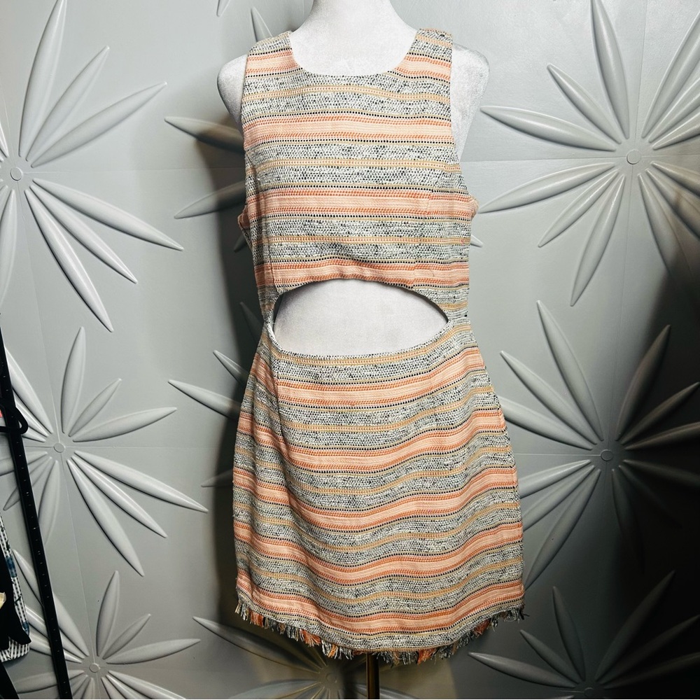 EUC Lovers + Friends SZ L white/gray/peach/black striped cutout dress/bust 38” - Picture 2 of 6